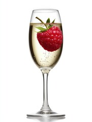 A close-up of a champagne flute with a raspberry sinking slowly, bubbles rising.