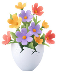 Colorful artificial flowers arranged in a cracked white vase isolated on transparent background.