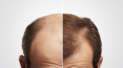 Fototapeta premium Split-screen concept image showing male hair loss before and after treatment — left side reveals bald crown, right side displays full hair regrowth, realistic textures on clean white background