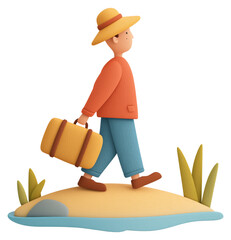 3D Man walking on sandy shore with suitcase under sunny sky in a playful isolated on transparent background.