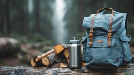 Fototapeta premium A cozy blue backpack and a metal water bottle sit among logs in a misty forest, evoking a sense of adventure and the beauty of nature's tranquility.