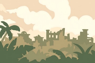 Tropical ruins under a cloudy sky