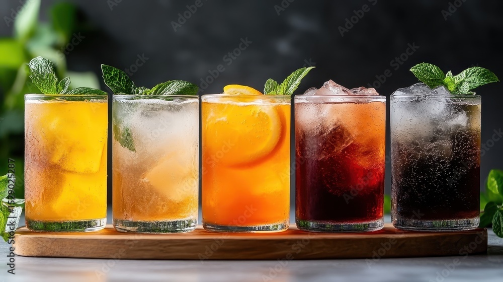 Poster an array of colorful drinks served in chilled glasses, showcasing the vibrant hues and refreshing as