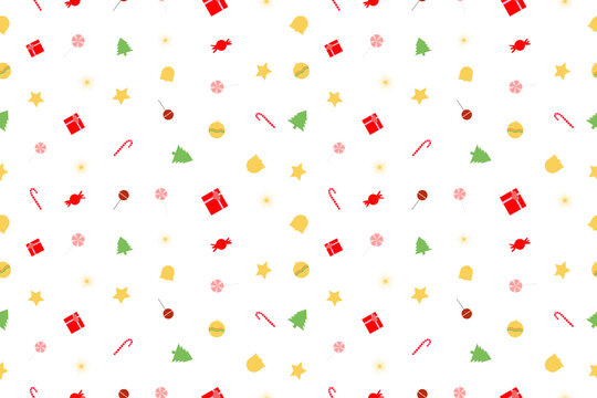 Christmas candy, gift, tree seamless pattern with white background, for background, backdrop, Christmas card, fabric, clothes, 