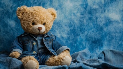 Cute teddy bear in denim outfit against blue background.