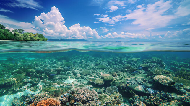Blue sky over calm sea. Blue sea and sunny sky on horizon over calm water