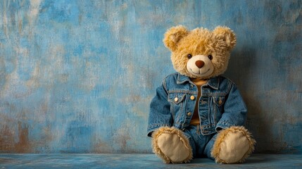 Cute teddy bear in denim jacket and jeans sits against a blue background.