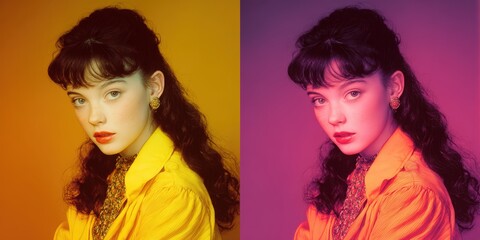 Fototapeta premium Stylish portrait of a young woman with vibrant makeup and retro hairstyle. Perfect for fashion, beauty, and advertising campaigns. Ideal for websites, magazines, and social media.