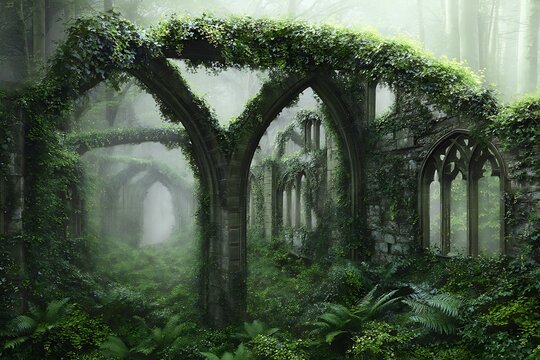 Overgrown ruins shrouded in misty forest - Powered by Adobe