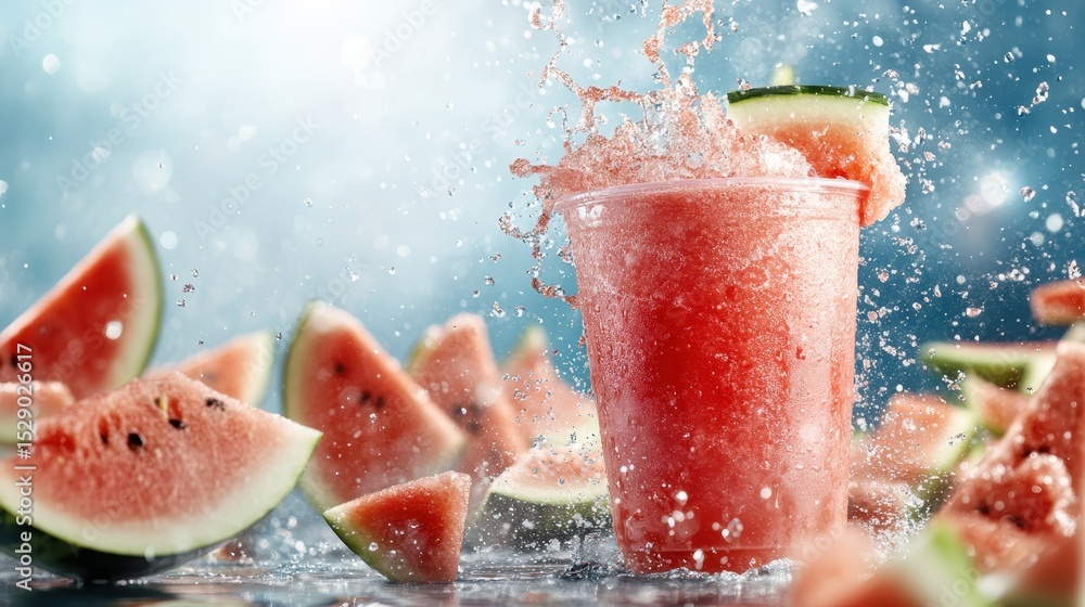 Poster a vibrant scene featuring a refreshing watermelon drink splashing in a cup with fresh watermelon sli