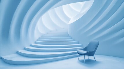 Abstract blue architectural interior with stairs and chair.