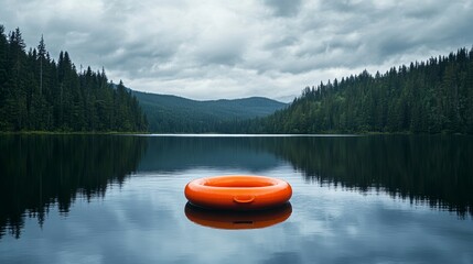 Orange life ring floats on calm lake water, reflecting dark evergreen forest and cloudy sky.