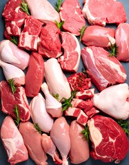 Fresh raw meat assortment overhead view protein source variety
