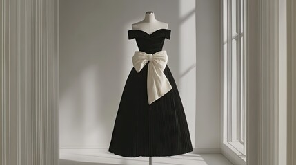 Vintage long evening dress with -layer bow decoration and elegant A-line silhouette on dress form