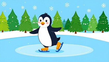 A cheerful cartoon penguin gliding gracefully on ice skates in a winter wonderland, surrounded by snow-covered trees and gently falling snowflakes. 