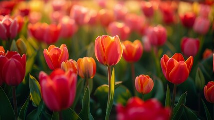 A captivating field of blooming tulips in warm colors illuminated by sunset, showcasing the beauty of nature and the joy of the spring season in full bloom.
