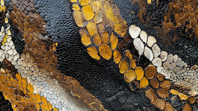 Close-up of ball python skin pattern with intricate brown, black, yellow, and white scales, detailed organic snake texture for fabric or wallpaper design