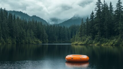 Serene lake scene with an orange inflatable ring floating on calm water, surrounded by lush evergreen forest and misty mountains.