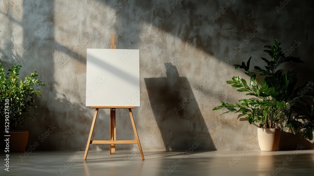 Aufkleber a minimalistic setting featuring a blank canvas on an easel bathed in natural light, symbolizing pot