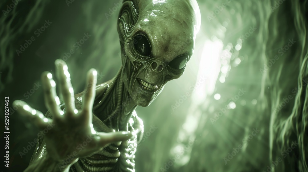 Aufkleber an eerie depiction of an alien figure reaching out, set against a mystical background filled with li