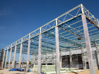 Roof under construction in construction site . To election or assembly frame truss, steel structure for cover factory warehouse building. Include scaffolding and safety net to prevent worker falling.