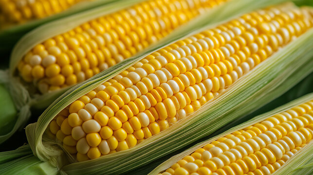 Close-up of fresh corn on the cob with husks peeled back.