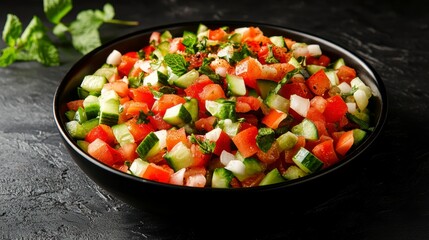 Fresh diced tomato, cucumber, and onion salad in a black bowl.