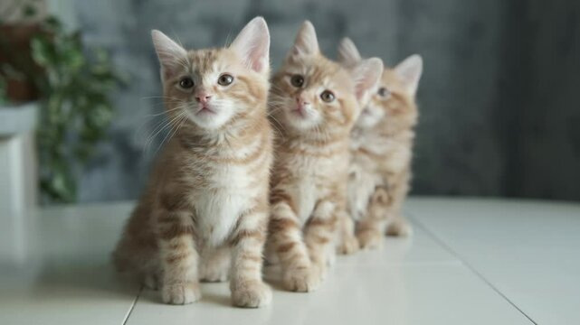 cinematic funny small kittens at home interior. Breed ginger cats, cute domestic pets. Kurilian Bobtail