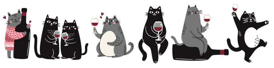 Cute Scandinavian style cats with a glass and a bottle of wine, singing and taking a bath. Flat vector illustrations on white background . Vector illustration
