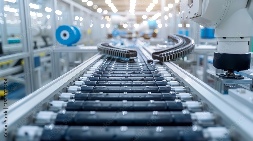 Poster an industrial image capturing state-of-the-art robotic technology in a bustling manufacturing facili