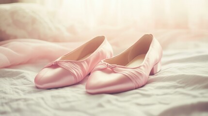 Pair of pink satin women's shoes on a bed.
