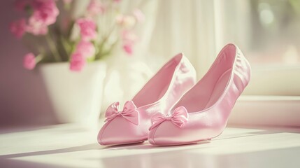 Pair of pink satin bridal shoes with bows sits on a windowsill.