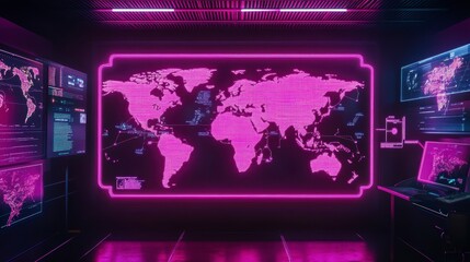 Futuristic control room with glowing world map display and multiple screens showing data streams.