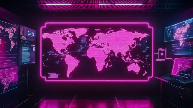 Futuristic control room with glowing world map display and multiple screens showing data streams.