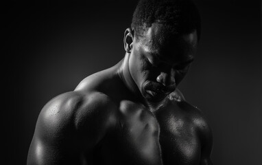 Fototapeta premium African American boxer looking down at his chest