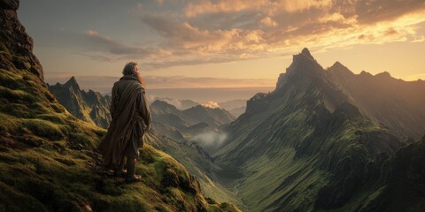 Naklejka premium Majestic sunset over a vast mountain range. A lone figure contemplates the view. Ideal for travel, adventure, and fantasy themes. Perfect for websites, books, and advertising.