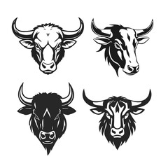 Bull heads collection, strong animal emblem, angry bull face, horned beast icon, vector illustration