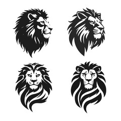 Collection of lion heads in black and white vector style, majestic mane, fierce look, strong lines, powerful expression, lion head, wild animal, vector lion, ferocious predator, majestic beast