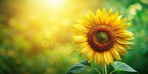 Obraz premium A vibrant single sunflower basks in the warm glow of sunlight, its petals radiating a cheerful yellow against a soft-focus backdrop of green foliage, evoking a sense of summer's radiant beauty.