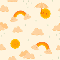 Cute rain pattern with suns with an umbrella, rainbow, clouds, raindrops. Gentle, warm, pastel colours and a cosy atmosphere. Ideal for raincoat, wallpaper, bedding, stationery, children's textiles