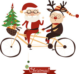 Cool grandma with grandpa as santa claus and reindeer riding a bicycle tandem. Merry Christmas card.v
