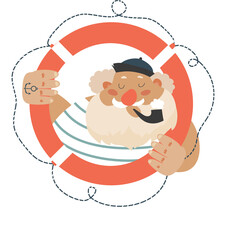 Portrait of bearded sailor with tobacco pipe. Bearded boat captain smoking pipe. Vector illustration