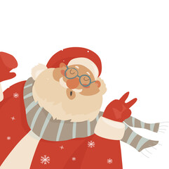Vector Christmas card with Santa Claus. Cute holiday cartoon background. Merriest wishes. Christmas greeting card with Santa.