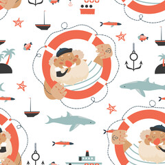 Seamless vector pattern with old sailor,lifebuoy,fish,vessel and anchor