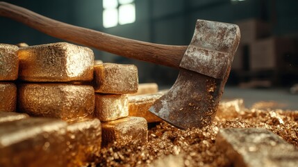 An axe is dramatically placed atop stacks of gold ingots, symbolizing wealth and power, amidst a golden dust atmosphere that captures the allure of precious materials.
