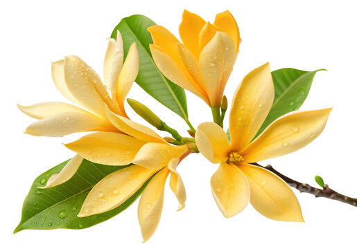 Beautiful champak flower blossom with yellow petals and green leaves macro shot for nature lovers and flower art