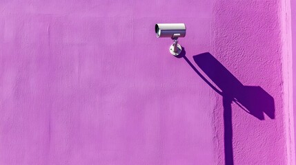 Security camera mounted on a vibrant purple wall, casting a long shadow.