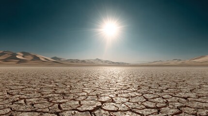 Harsh summer sun in a vast desert landscape, cracked ground, heat shimmer effect rising from the surface, distant sand dunes, dry air and intense brightness