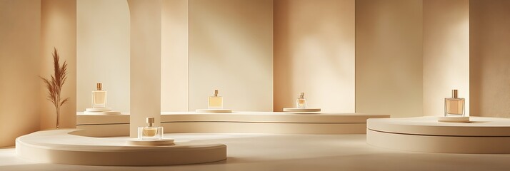 Abstract minimalist beige room with curved platforms displaying perfume mockup