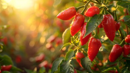 Obraz premium A close-up view of ripe red chili peppers glistening with droplets in golden sunlight, showcasing freshness and the agricultural beauty that inspires culinary creativity and zest.